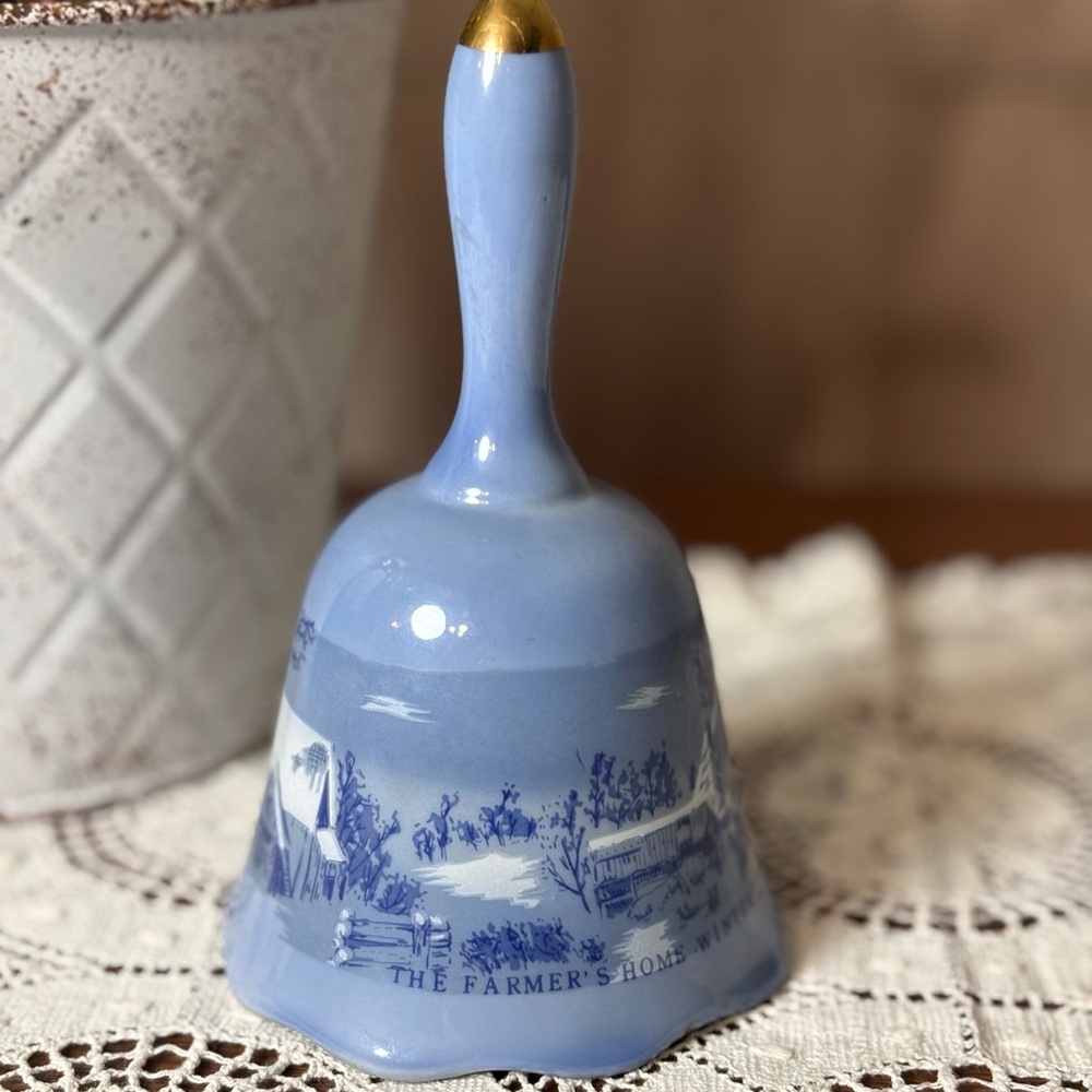 Currier & Ives Porcelain Ceramic Bell with Gold Tip The Farmers Home Winter